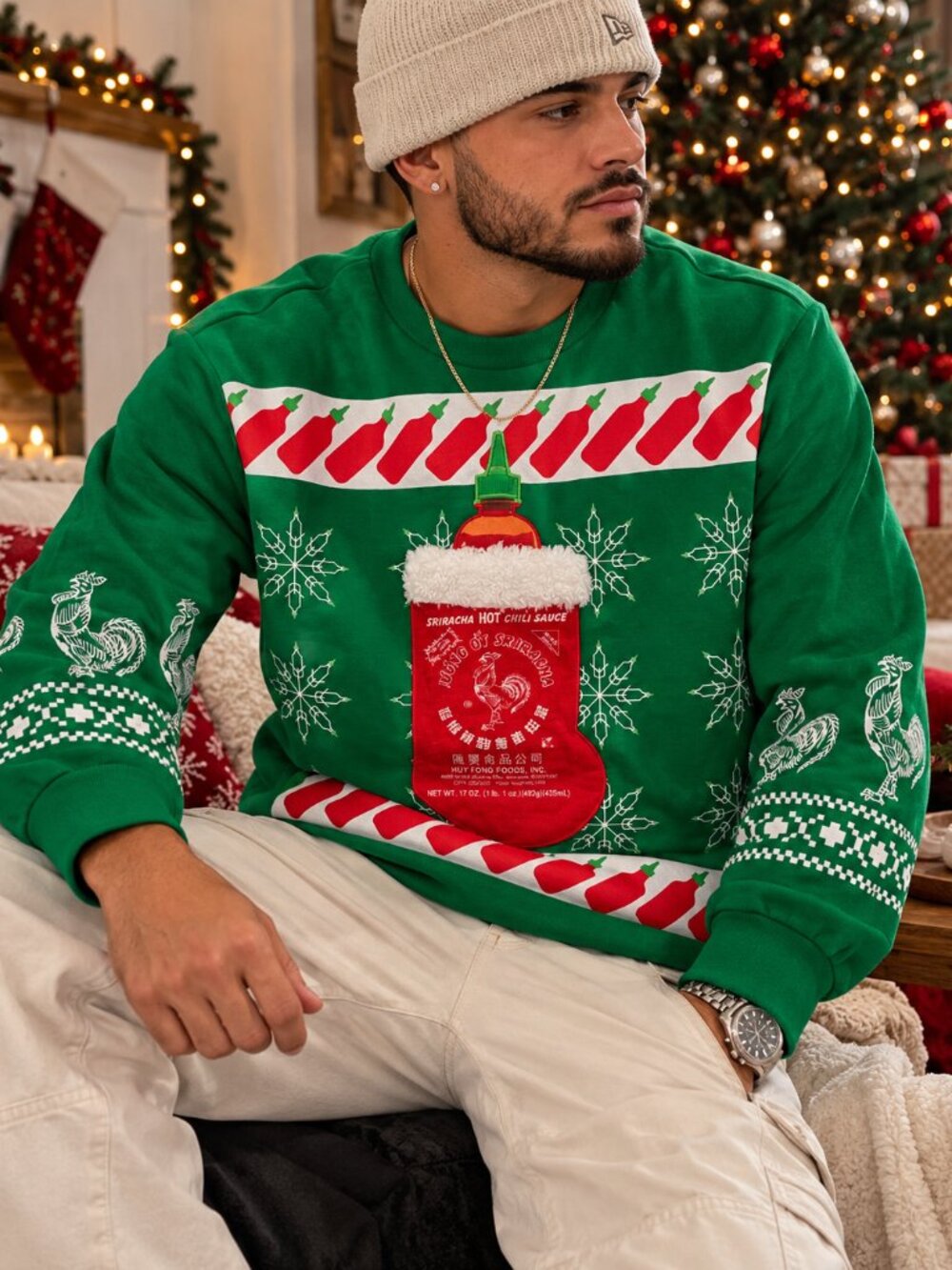 Huy Fong Sriracha Ugly Christmas Sweater Small 3D Stocking Green Hot Sauce
